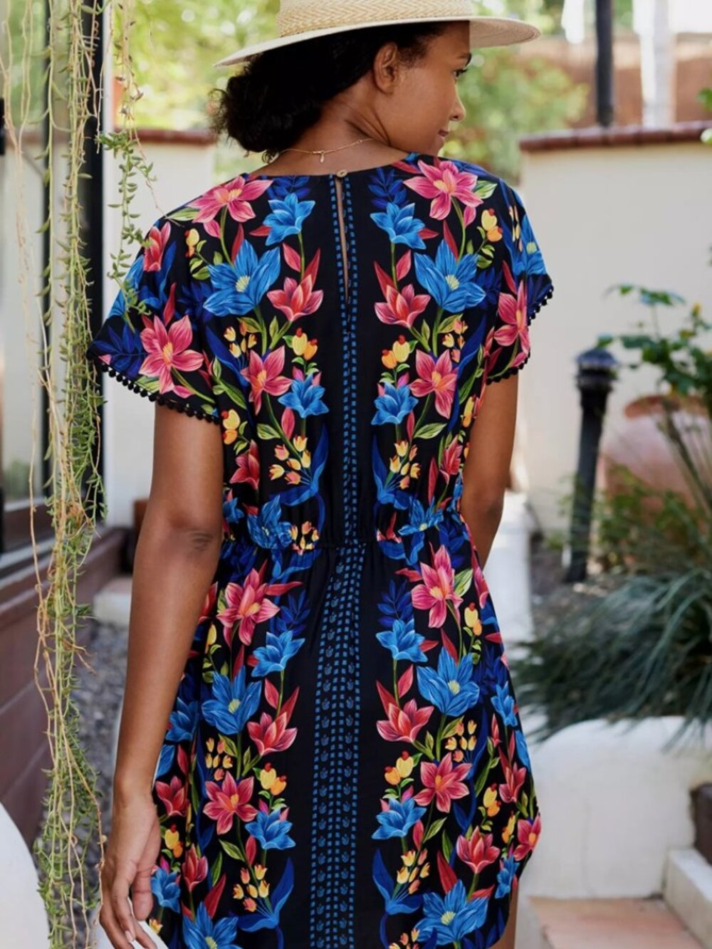 FARM RIO Anthropologie Pom Pom Trim Black Tropical Floral Dress S Small - Picture 5 of 6